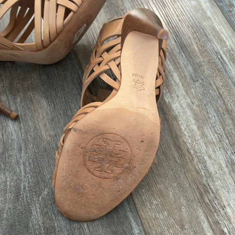 TORY BURCH Nadia brown woven leather logo detail huarache sandals heels 9.5